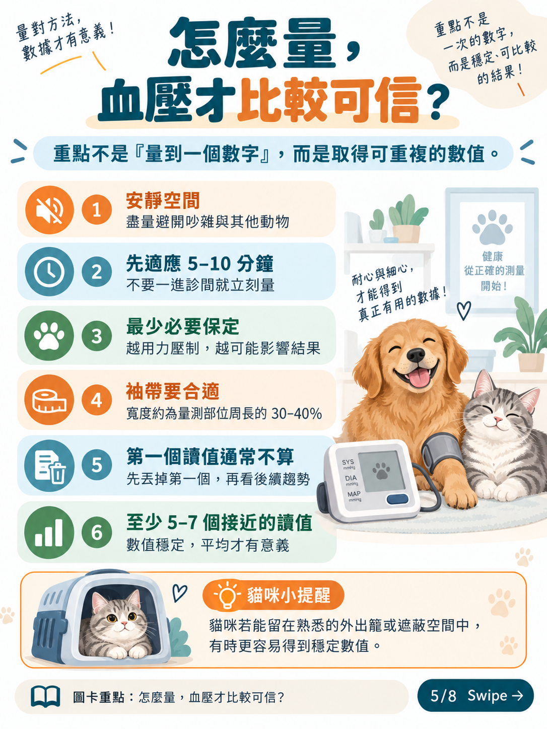 犬貓血壓測量與白袍效應圖卡 5：怎麼量血壓才比較可信