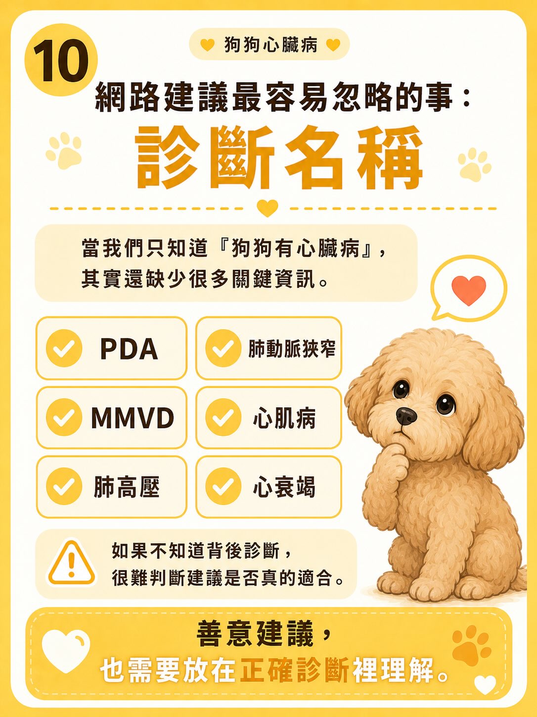犬心臟病疾病異質性圖卡 10：網路建議最容易忽略的事：診斷名稱