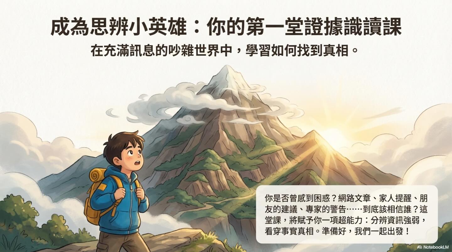 橫式圖卡集合封面：成為思辨小英雄：你的第一堂證據識讀課