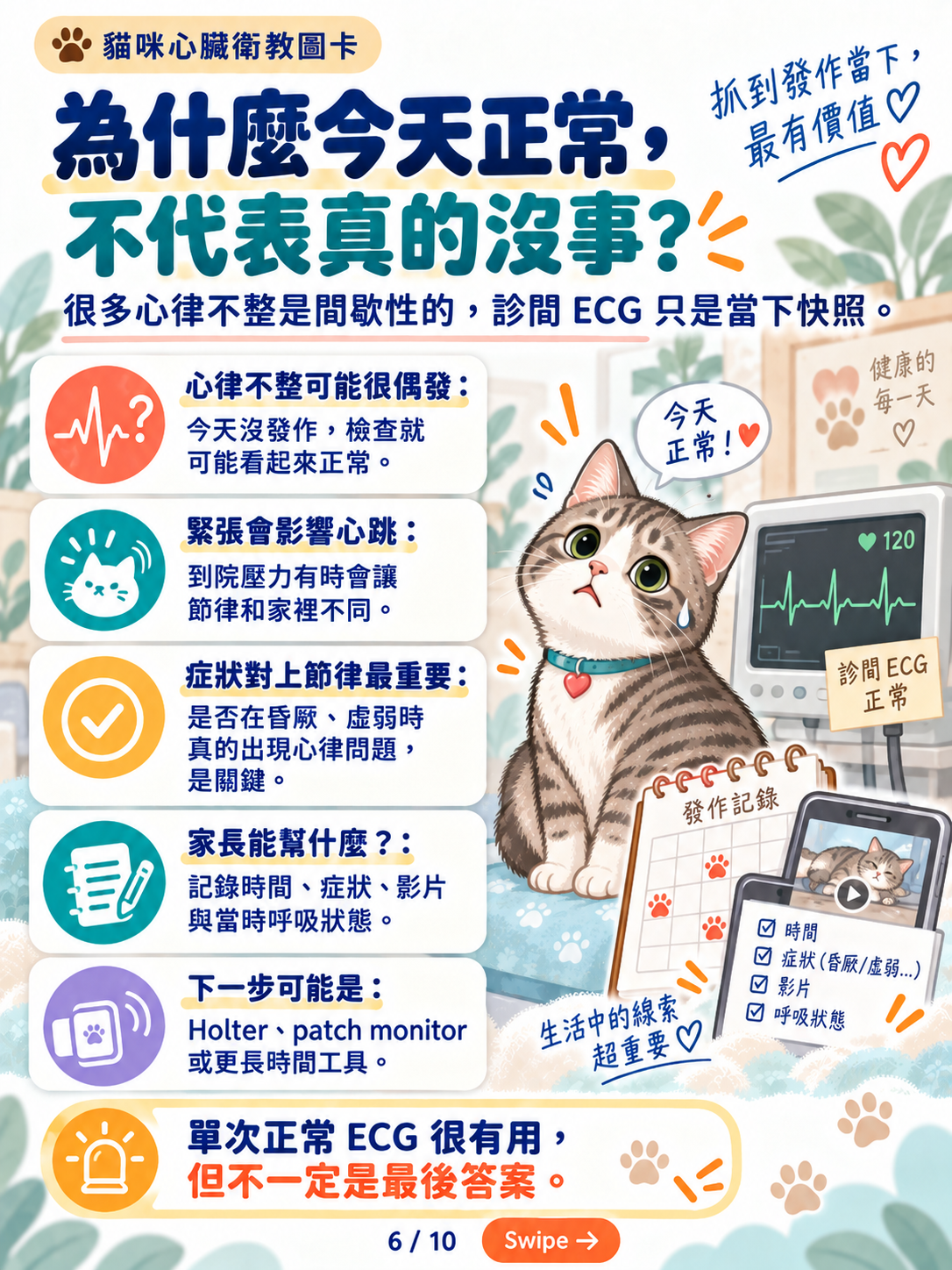貓心律不整｜心電圖與長時間監測，第 6 張：為什麼今天正常不代表真的沒事