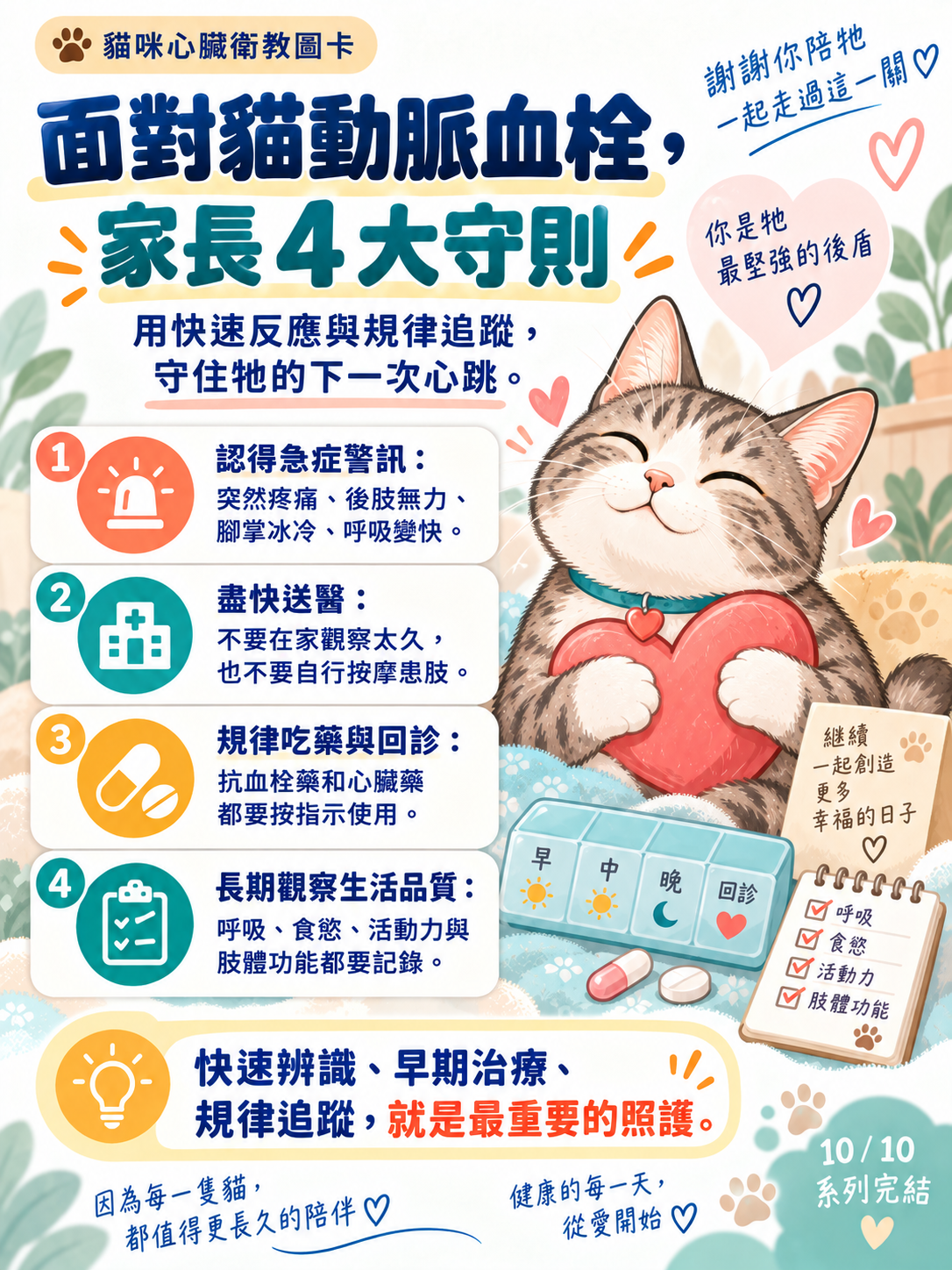 貓動脈血栓｜急救、恢復與預防，第 10 張：面對貓動脈血栓家長四大守則