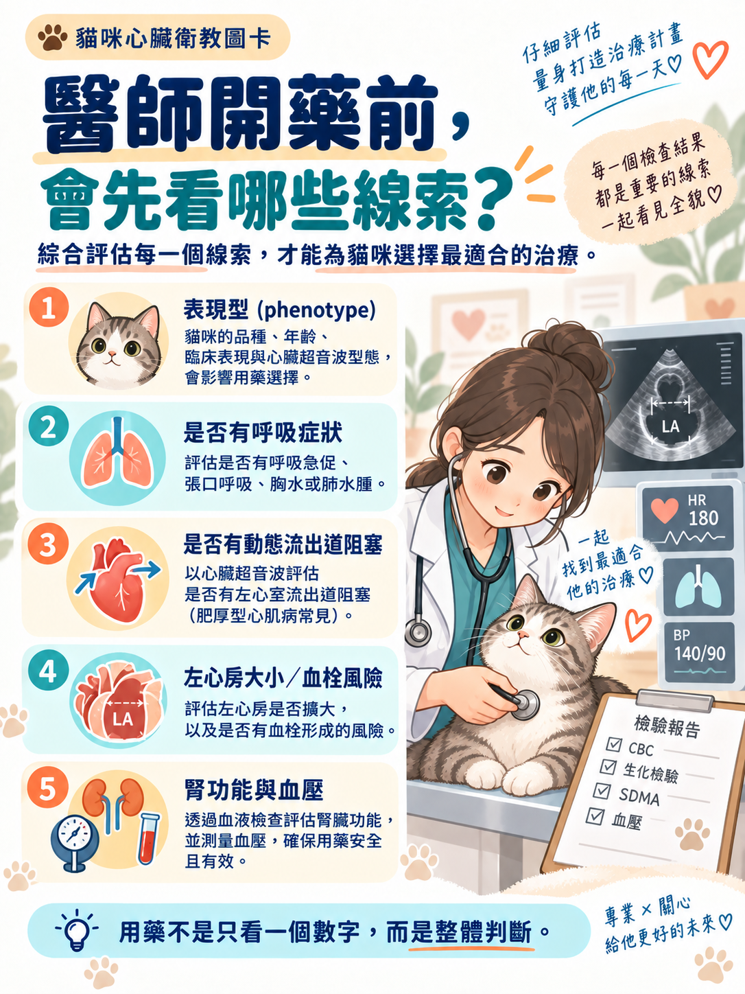 貓心臟用藥｜為什麼處方不一樣？，第 2 張：醫師開藥前會先看哪些線索