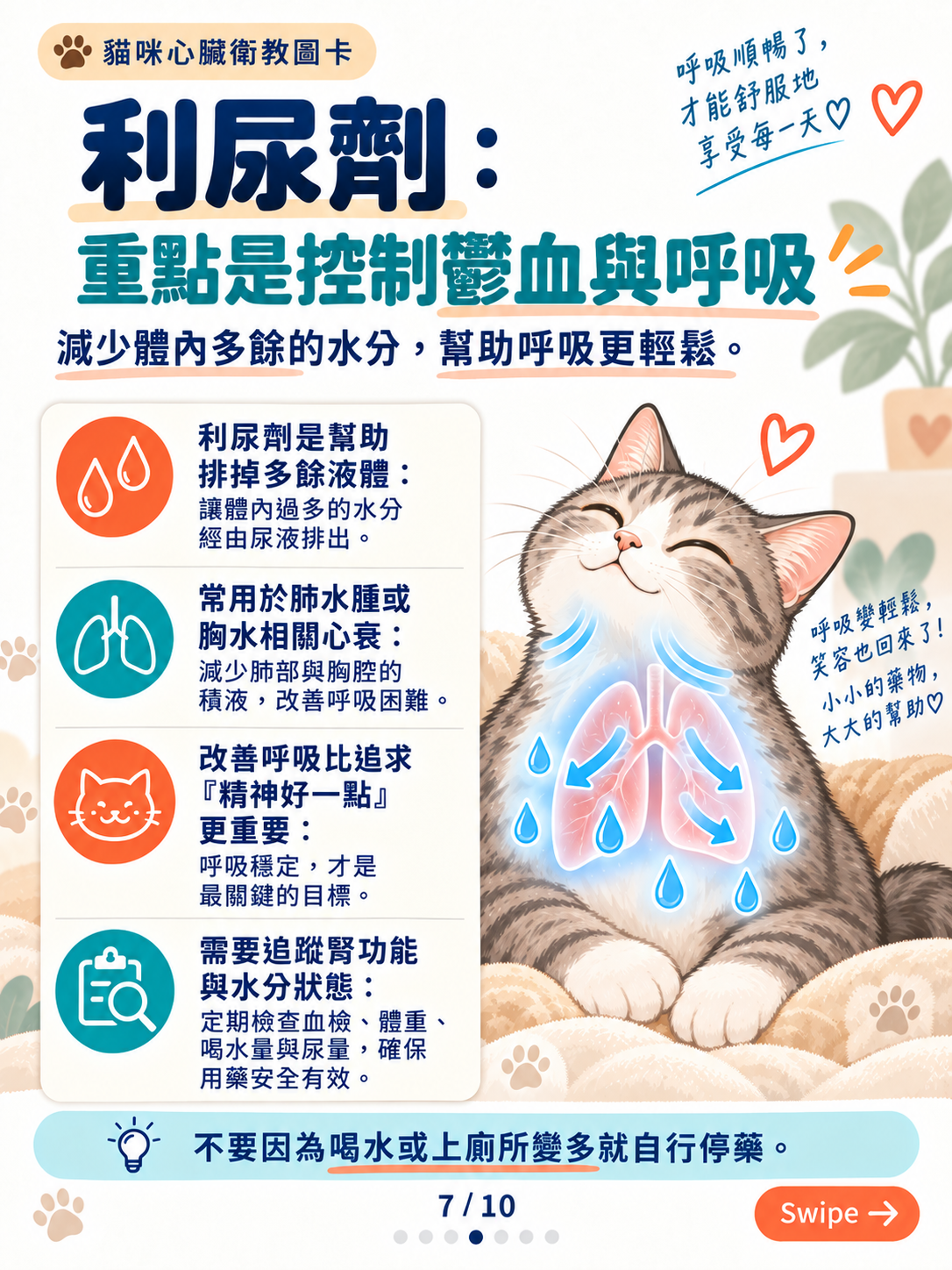 貓心臟用藥｜為什麼處方不一樣？，第 7 張：利尿劑控制鬱血與呼吸