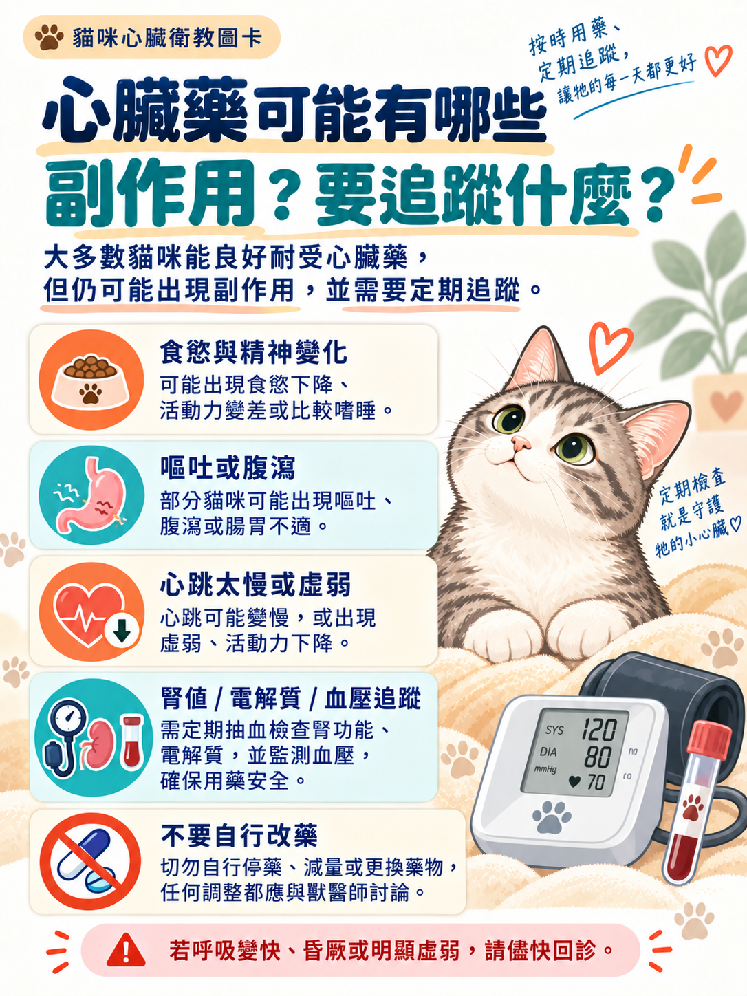 貓心臟用藥｜為什麼處方不一樣？，第 9 張：心臟藥副作用與追蹤