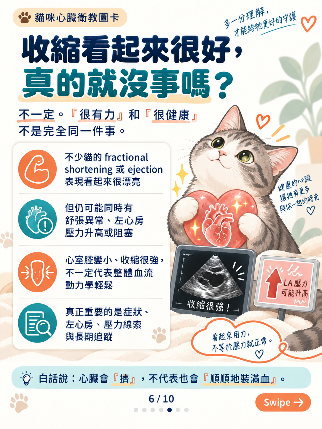 貓心肌病（二）｜厚度以外的線索，第 6 張：貓咪心臟收縮與健康真相