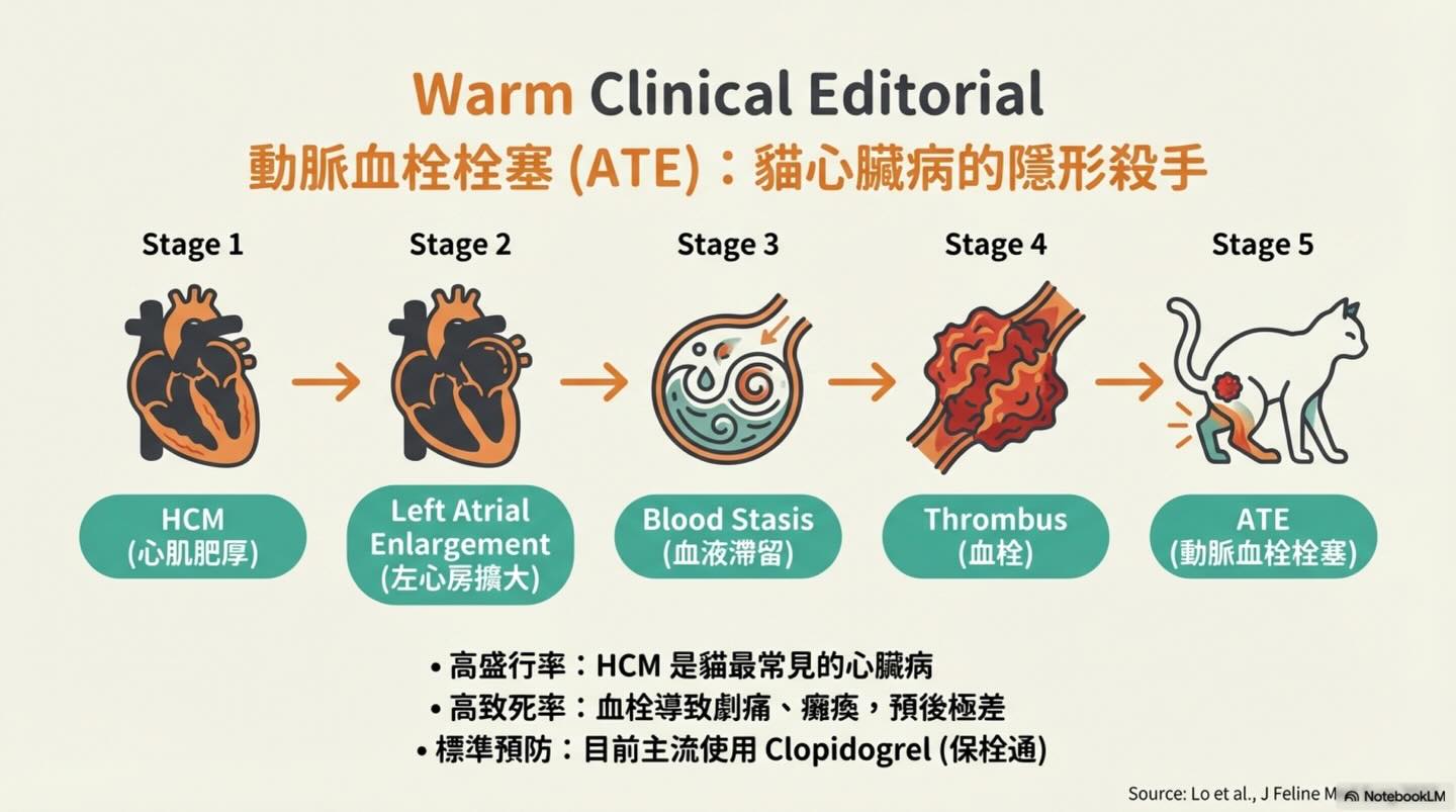 貓 HCM｜P2RY1 與血栓預防圖卡 2：Warm Clinical Editorial｜HCM 血栓預防臨床流程