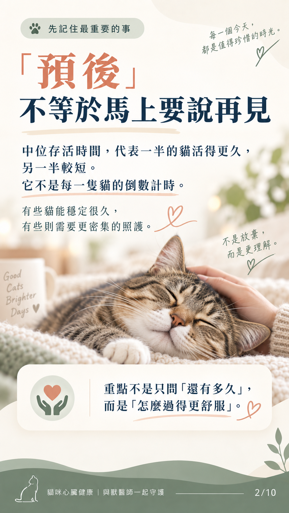貓咪心衰竭預後與照護圖卡第 2 張：預後不等於馬上要說再見。
