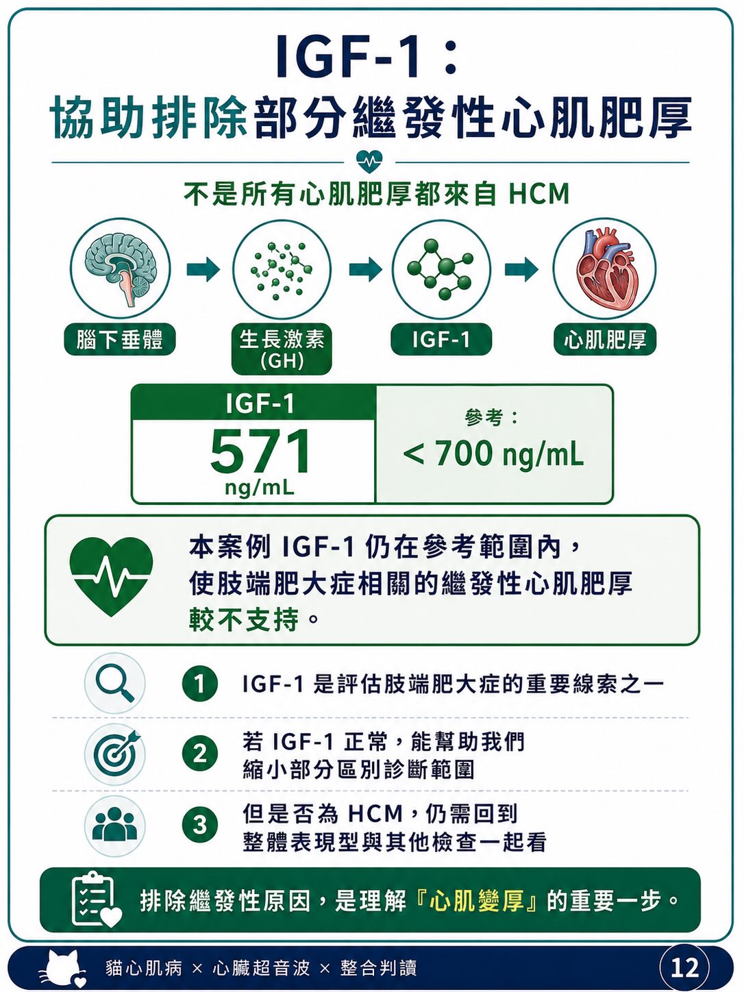 貓 HCM｜輕微心肌增厚與表現型圖卡 12：IGF-1：協助排除部分繼發性心肌肥厚