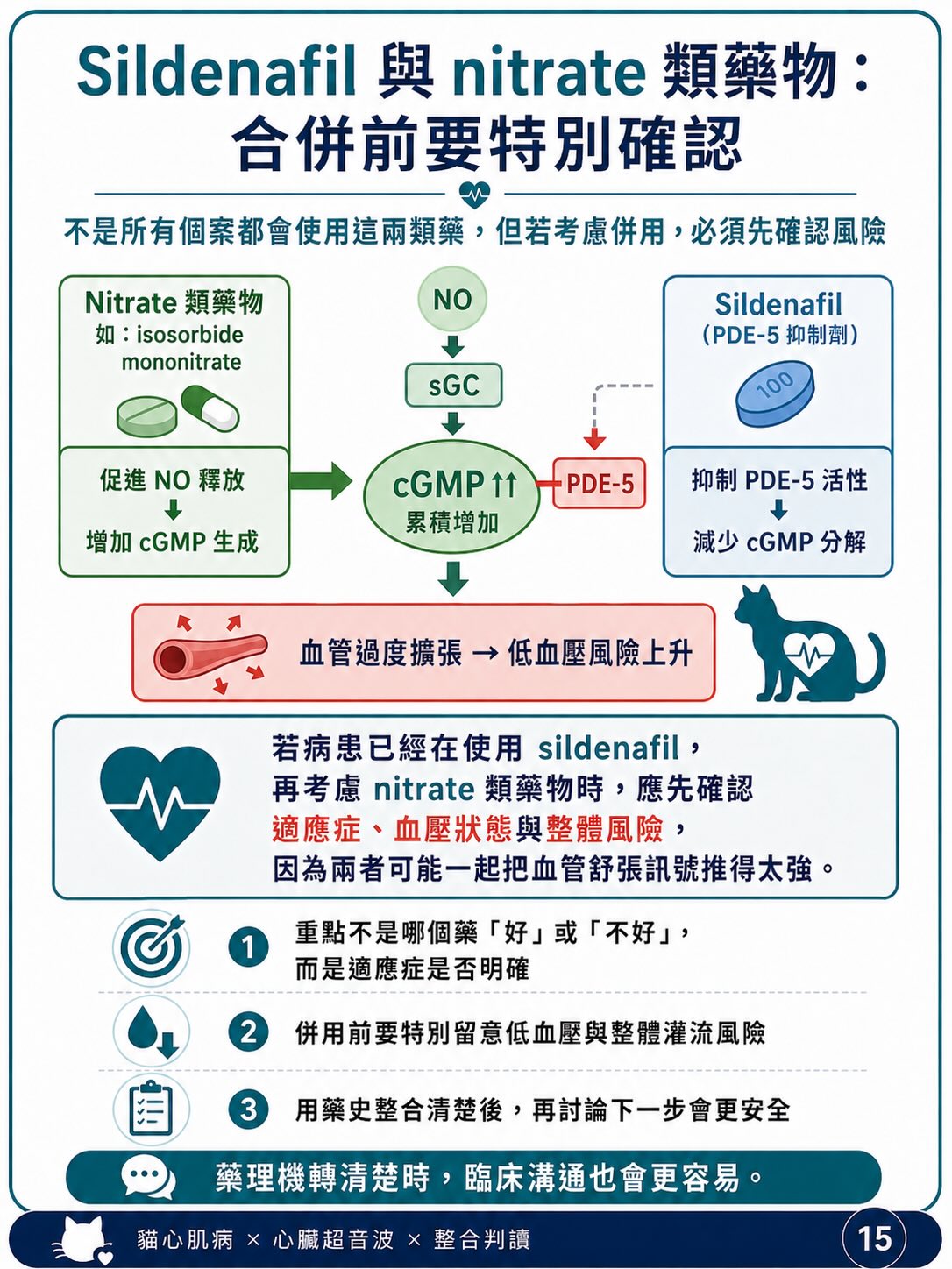 貓 HCM｜輕微心肌增厚與表現型圖卡 15：Sildenafil 與 nitrate 類藥物：合併前要特別確認