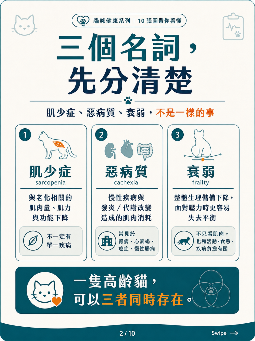 高齡貓的肌少症、惡病質與衰弱圖卡 2：肌少症、惡病質、衰弱：三個名詞先分清楚