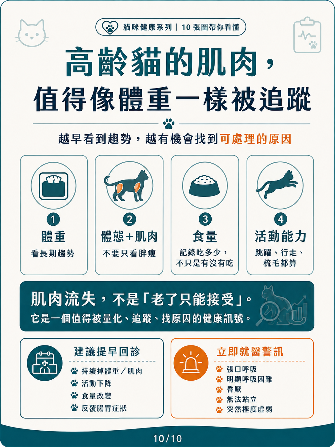 高齡貓的肌少症、惡病質與衰弱圖卡 10：高齡貓的肌肉值得像體重一樣被追蹤