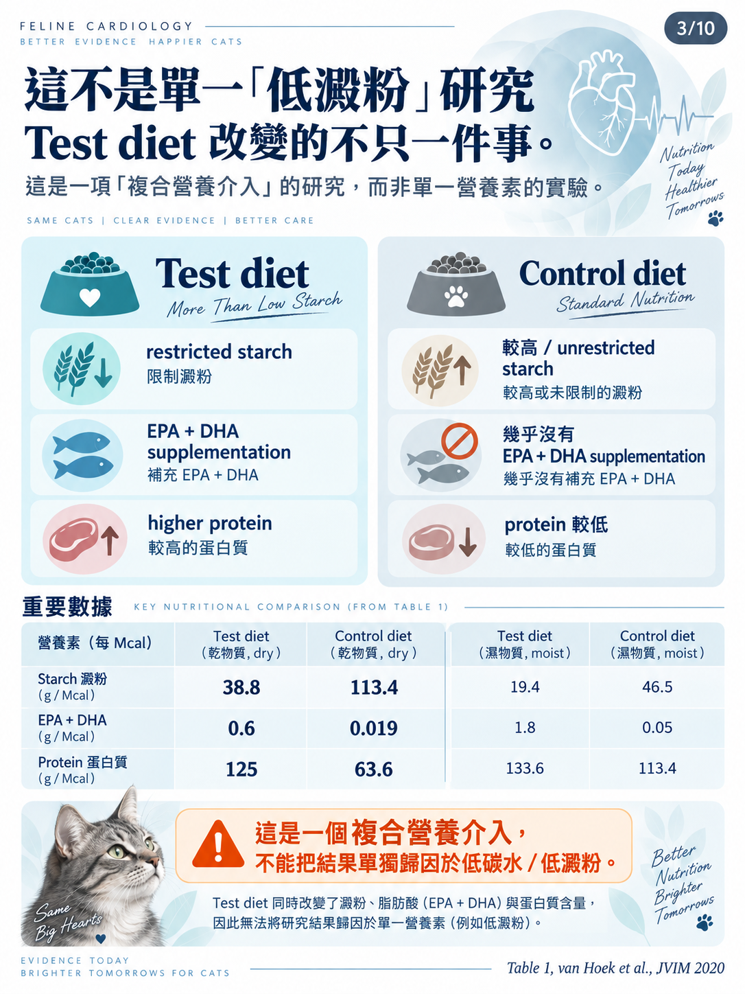 貓咪 subclinical HCM 營養介入研究圖卡第 3 張：Test diet 與 Control diet 的複合營養介入。