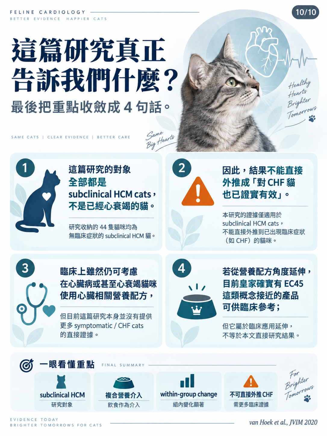 貓咪 subclinical HCM 營養介入研究圖卡第 10 張：研究重點總結。