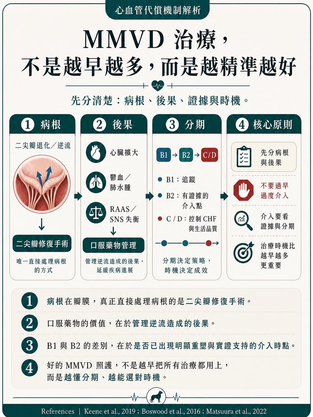 MMVD｜治療與介入時機圖卡 15：MMVD 治療，不是越早越多，而是越精準越好