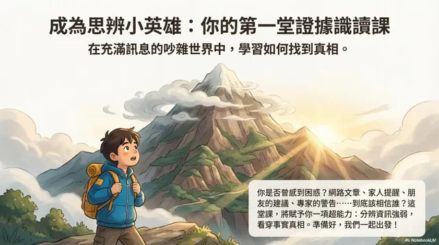 橫式手機圖卡集合封面：成為思辨小英雄：你的第一堂證據識讀課