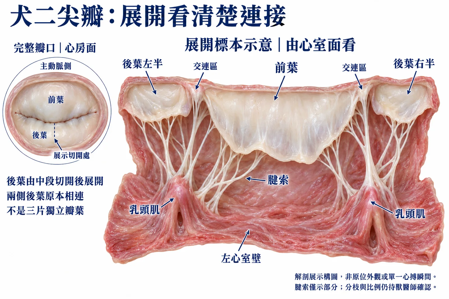 犬二尖瓣展開標本概念圖:中央為前葉,由中段切開的後葉兩半分列左右;兩組乳頭肌經部分腱索連向瓣葉。左側心房面小圖標示完整瓣口及展示切口,兩側後葉原本相連,不是三片獨立瓣葉。