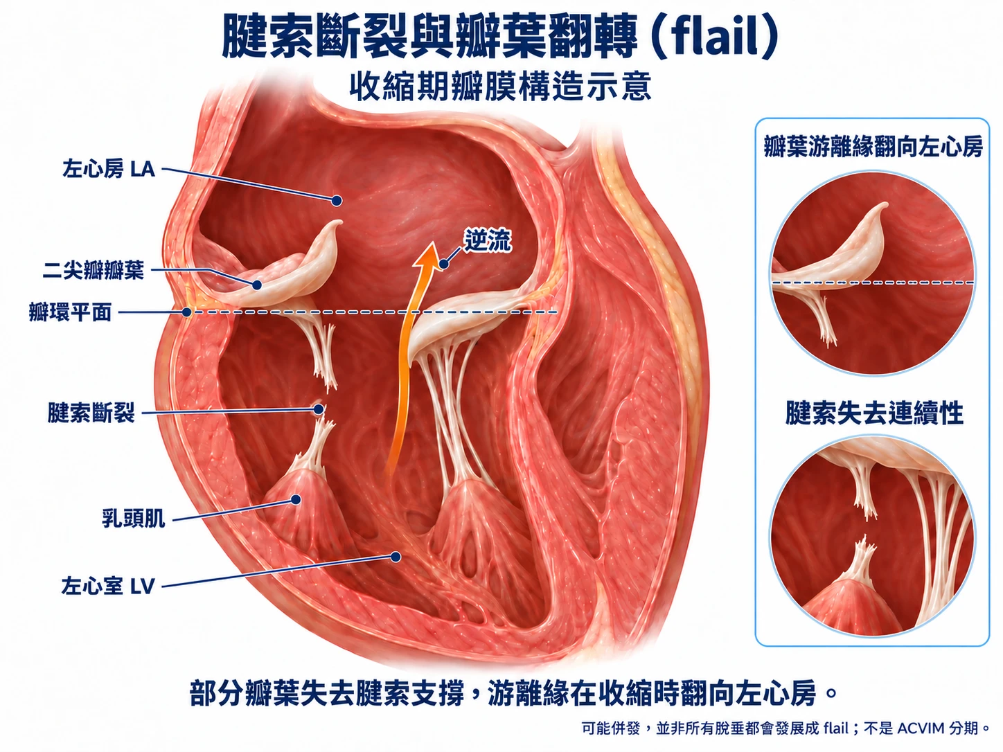 腱索斷裂造成 flail 的放大示意:一側腱索有清楚分離的兩端,失去支撐的瓣葉游離緣在收縮時翻向左心房;另一側瓣葉仍有完整腱索支撐。右側分別放大朝向左心房的游離緣與腱索斷裂處,橘色箭頭由左心室指向左心房。