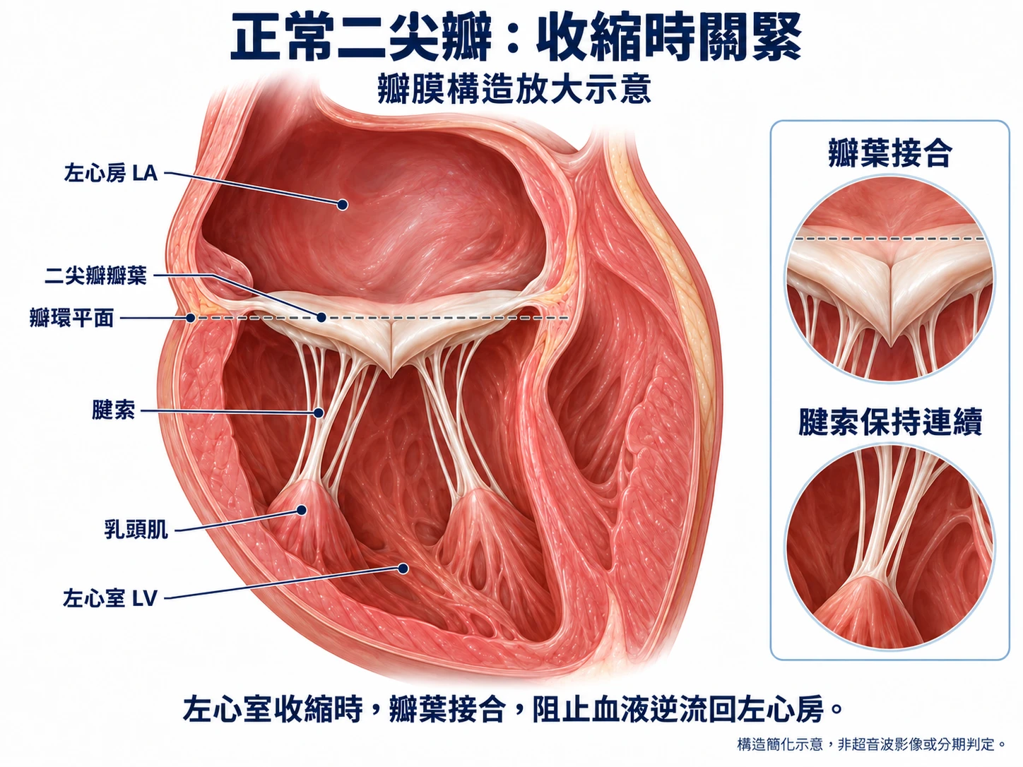 正常二尖瓣收縮期放大圖:上方是左心房,下方是左心室;兩片瓣葉接合,腱索由瓣葉連至乳頭肌且保持連續。虛線標示瓣環平面,右側放大瓣葉接合處與完整腱索。