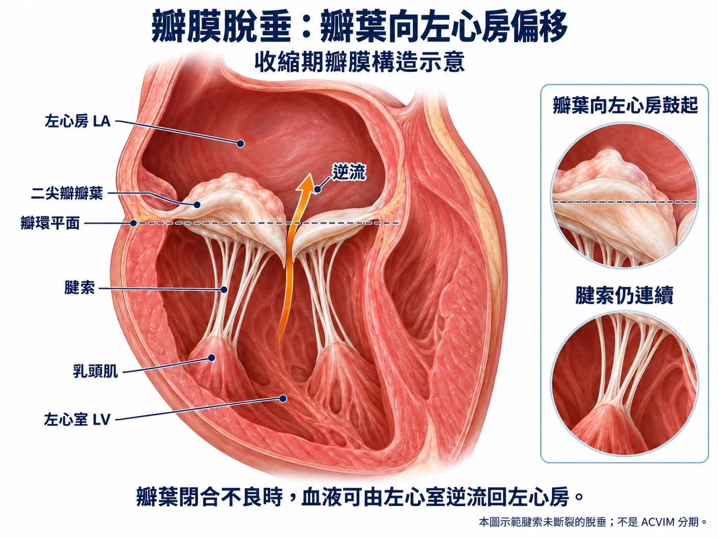 二尖瓣脫垂放大圖:一側瓣葉向左心房鼓起並超過虛線瓣環平面,瓣葉游離緣仍朝左心室側,腱索保持連續。橘色箭頭經瓣葉間閉合不良的間隙,由左心室指向左心房。