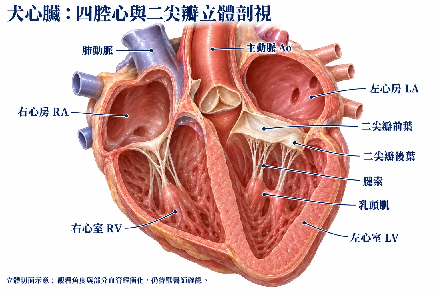 犬心臟立體剖視:畫面左側是右心房與右心室,右側是左心房與左心室;主動脈位於二尖瓣的畫面左側,並標示前後瓣葉、腱索和乳頭肌。左心房腔直接接到瓣葉心房面,未另畫厚肌肉隔層。