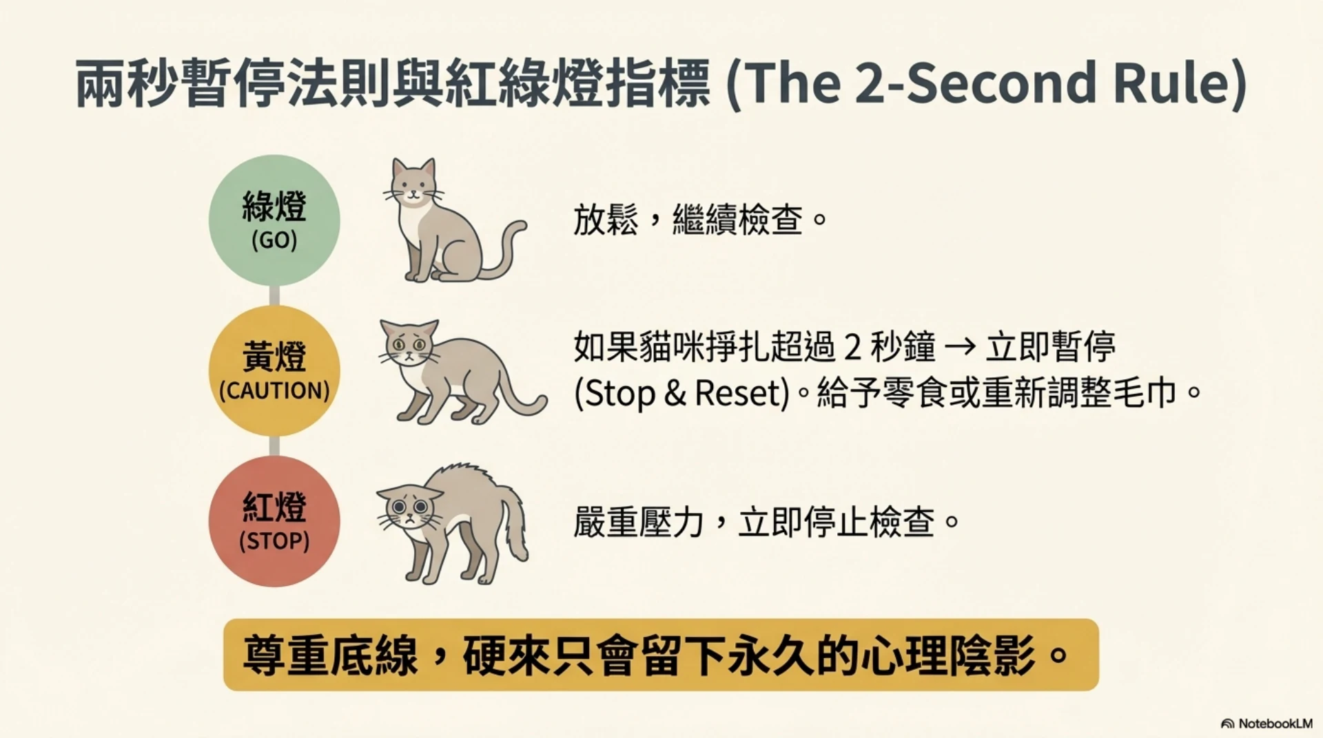 Fear Free 貓友善照護第 11 頁：兩秒暫停與紅綠燈指標