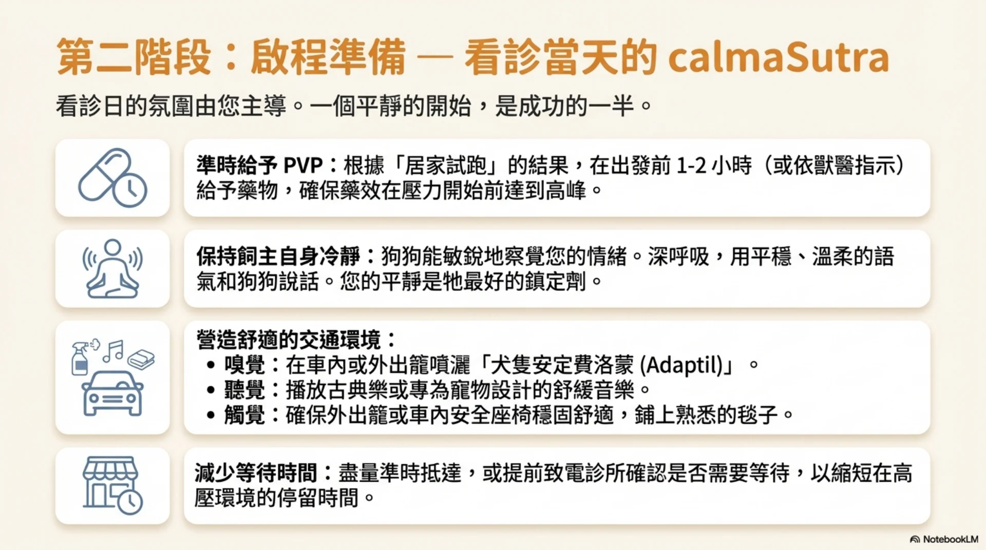 寵物低壓力就醫指南第 8 頁：看診當天的交通與候診準備
