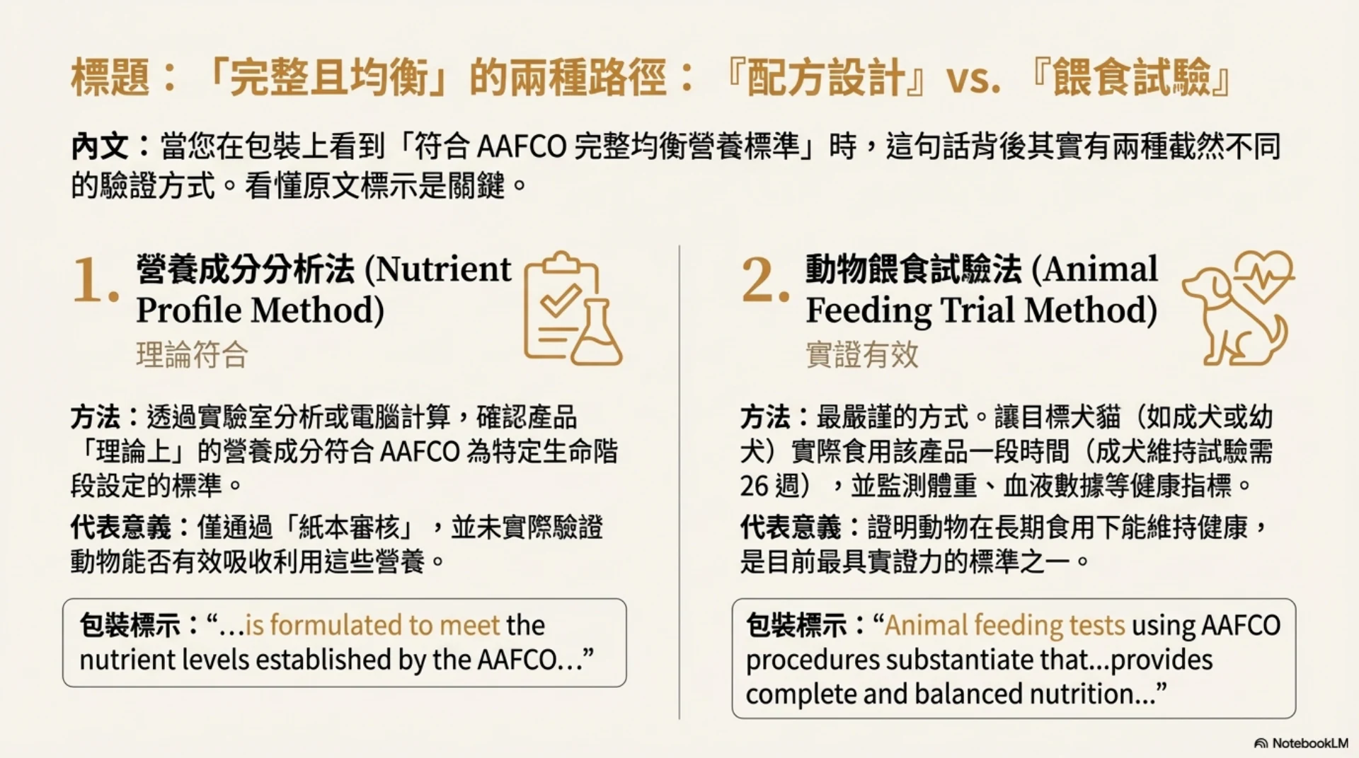 寵物食品標示解密第 6 頁：配方設計與餵食試驗兩條路徑