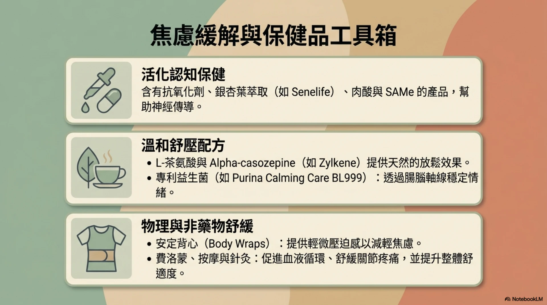 高齡犬貓認知照護第 9 頁：焦慮緩解與保健品工具
