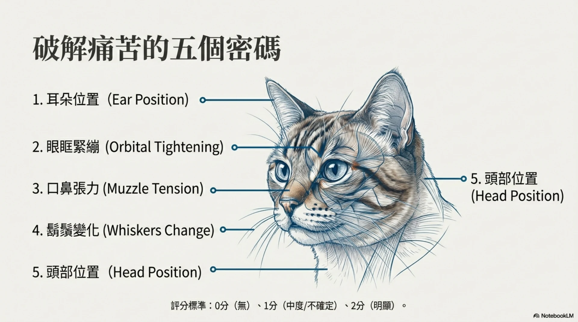 寵物疼痛的無聲語言第 11 頁：貓疼痛表情的五項觀察