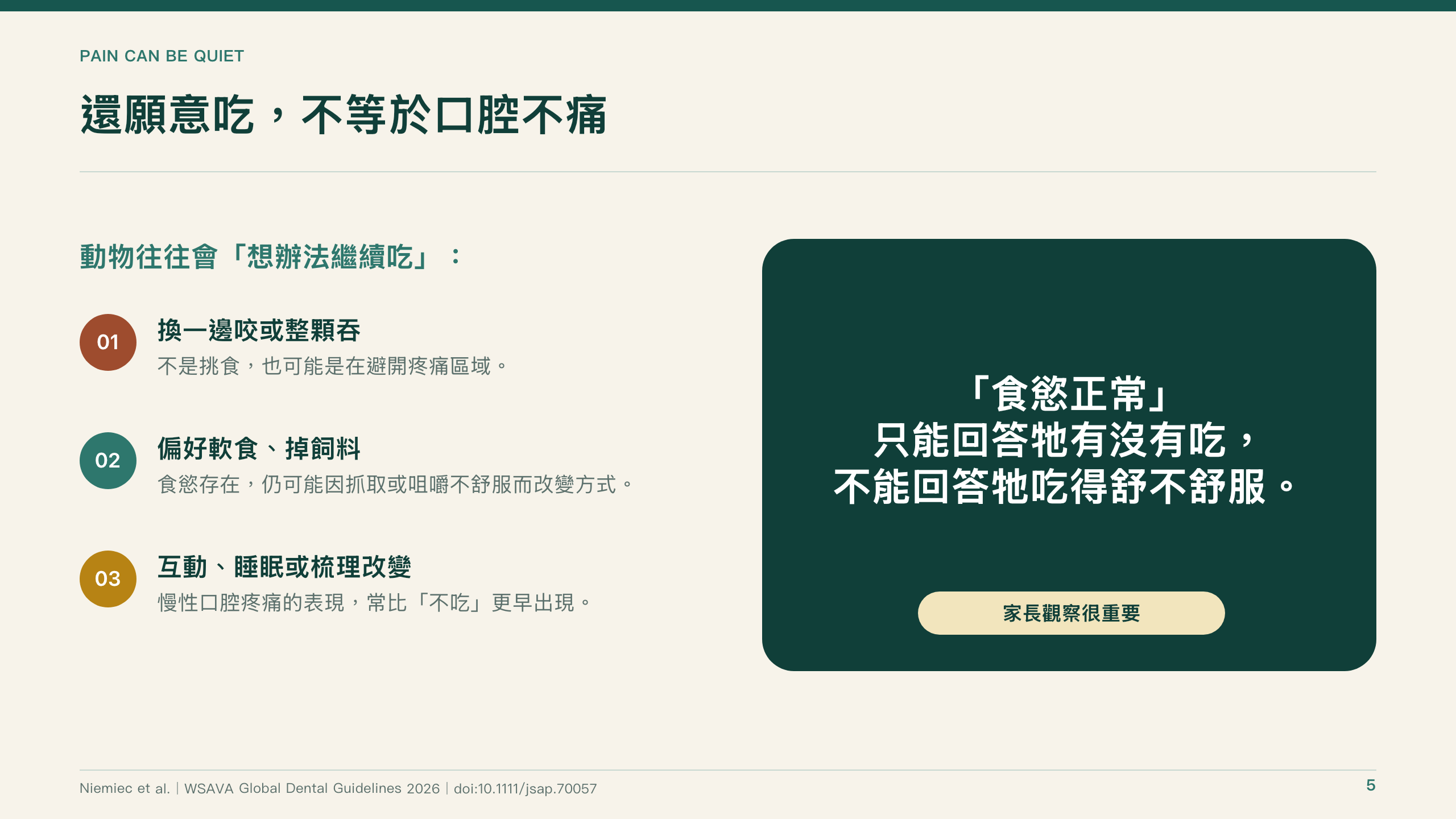 犬貓口腔健康指引導讀第 5 頁：還願意吃，不等於口腔不痛